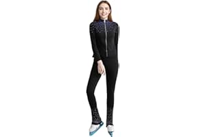 JoyCan Girls' Black Figure Skating Training Clothes Set Blue Diamond and Velvet Warm Training Clothes