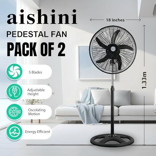 Aishini [ Pack of 2 ] Oscillating [ 5 Blades ] 18"Pedestal Fan, 3 Speeds Stand Fan | Adjustable Tilt and Height Adjustable upto 1.3m | Electrical Fan for Bedroom, Living Room, Office | Floor Fan