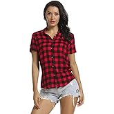 OCHENTA Women's Short Sleeve Plaid Button Down Shirt Button up Blouses Casual Summer Tops