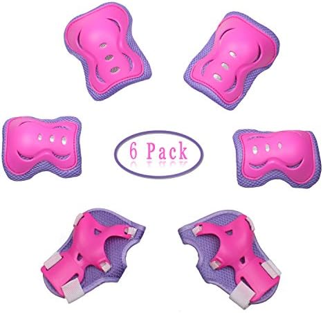 Dostar Kids Protective Gear Set - Adjustable Safety Knee Pads Elbow Roller Wrist Guards for Outdoor BMX Bike Skateboard Multi-sports Activities as Birthday, Christmas Gift Pack of 6 (Rose Red-purple)