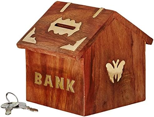 Handmade 4 Inch Wooden Hut Shape Money Bank Butterfly Inlay Coin Box, Piggy Bank Brown Color Safe Storage Money Bank for Kids & Adults, Easter Day / Mother day / Good Friday Gift
