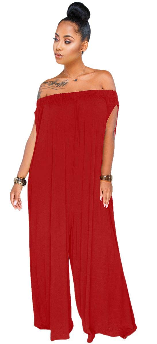 Women Casual Loose Off Shoulder Wide Leg Pants Long Rompers with Pocket Red L
