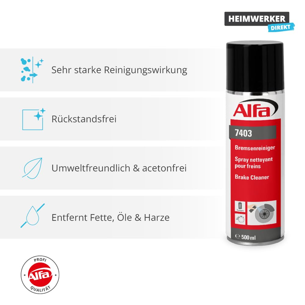 Alfa 1x Bremsenreiniger 500 ml Profi-Qualität Premium-Reiniger Bremsen Spray kraftvoll rückstandsfrei gegen Öle Fette Harze - Made in Germany 2