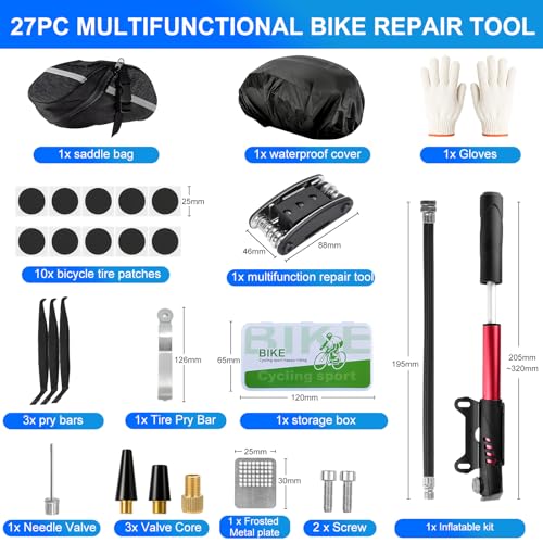 Ninonly Bicycle Tool Kit 27pcs with Pump 120PSI and Multitool 16 in 1 Complete Bike Repair Kit Patch and Levers for Camping Travel Bag