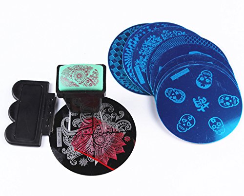 Finger Angel 10Pcs Nail Art Stamping Plates Mix Designs Manicure Stamp Plate Kit 5.6cm Round Nail Art Template with Polish Retangle Stamper and Scraper