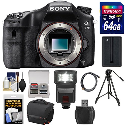 Sony Alpha A77 II Wi-Fi Digital SLR Camera Body with 64GB Card + Battery + Case + Tripod + Flash + Kit Sony Alpha A77 II Wi-Fi Digital SLR Camera Body with 64GB Card + Battery + Case + Tripod + Flash + Kit