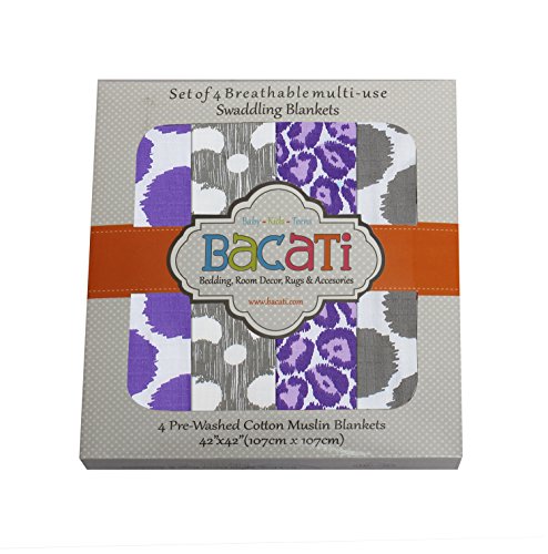 Bacati Ikat Lilac/grey Dots/leopard Swaddling Muslin Blankets Set of 4