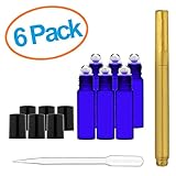 Culinaire 6 Pack Of 10 ml Blue Glass Bottles with Stainless Steel Roller Balls/Caps & 3 ml Dropper with Gold Glass Pen included