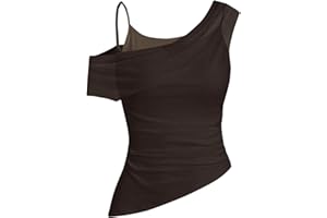 WDIRARA Women's T Shirts Off Shoulder Mesh Cap Sleeve 2 in 1 Tops Asymmetrical Going Out Outfits