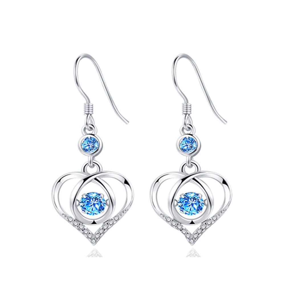 Deyanse Silver Drop Earrings for Women, 925 Sterling Silver Heart Drop Earrings with Blue Cubic Zirconia, Hook Dangle Earrings Christmas Birthday Gifts for Daughter with Gift Box