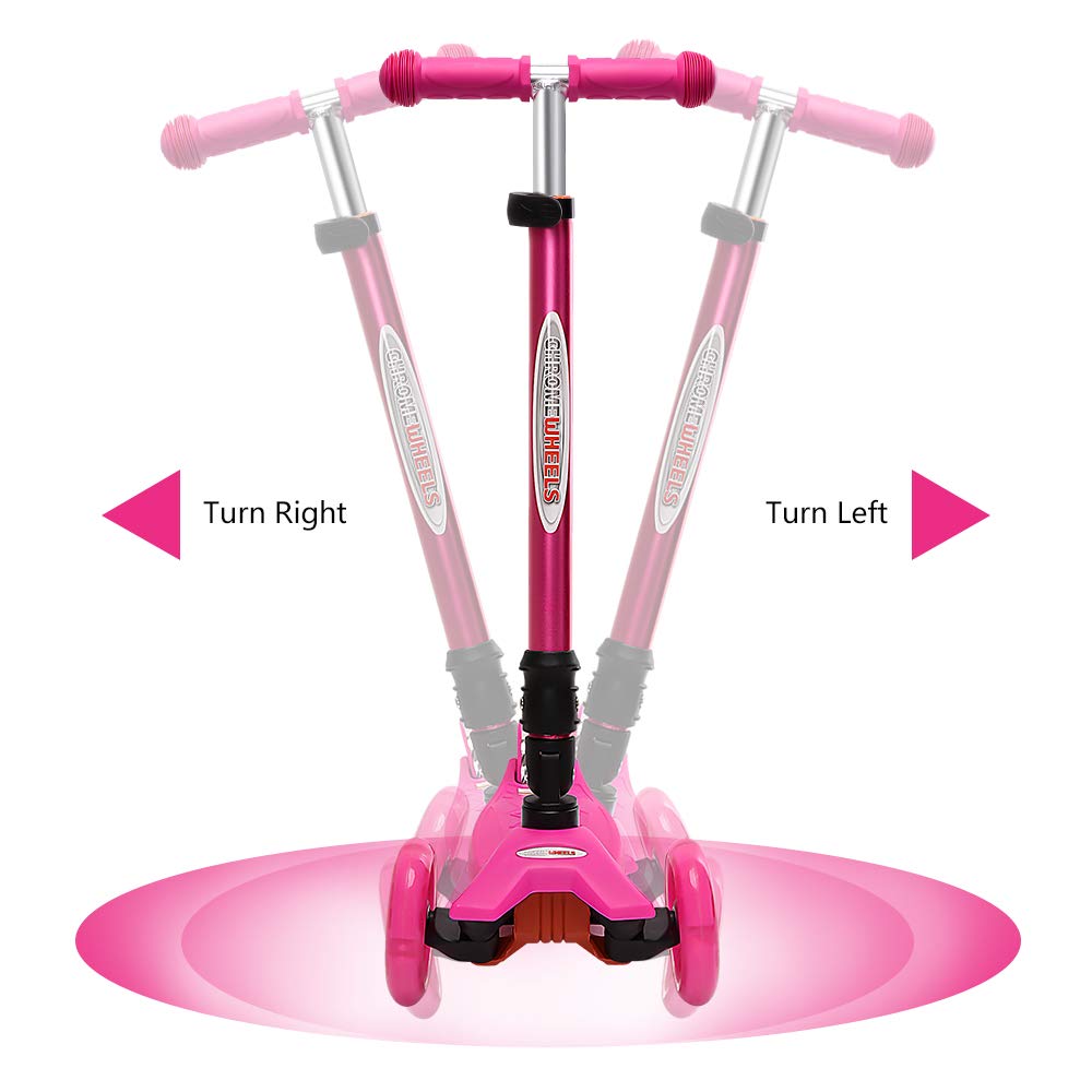ChromeWheels Foldable Scooters for Kids, Deluxe Kick Scooter 4 Adjustable Height 132lbs Weight Limit 3 Wheel, Lean to Steer LED Light Up Wheels, Best Gifts for Girls Boys Age 3-12 Year Old