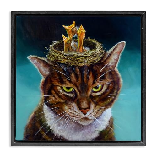 Stupell Industries Cat with Bird Nest Black Framed Floater Canvas Wall Art Desi…
