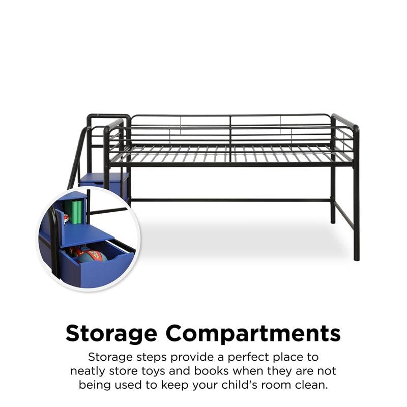 DHP Junior Twin Metal Loft Bed With Storage Steps, Multifunctional