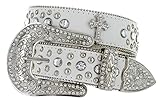Western Crystal Rhinestone Cowgirl Studded Black Leather Cross Concho Belt (36, White)