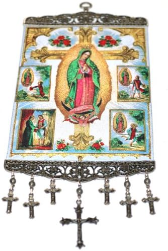 Our Lady of Guadalupe Story Hanging Banner - 19"Hx8"W - Image woven with Gold Colored Lamé into fabric - with Pewter Finish Hanger and 7 Dangling crucifixes and filigree