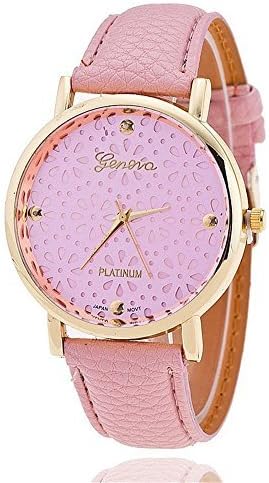 Women's Geneva Faux Leather Band Elegant Flower Casual Analog Quartz Wrist Watch-Pink