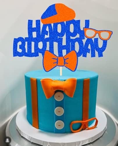Kids Birthday Cake Topper - Orange & Blue Glitter Cartoon Hat & Glasses Decor - View #9