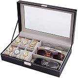 ALS AILISUO 6 Slots Watch Box 3 Slots Eyeglass Sunglasses Organizer Box With Lockable Case Clear Glass PU Leather Storage Box Display Showcase for Women & Men (Black)