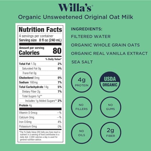 WILLA’S ORGANIC OAT MILK – UNSWEETENED ORIGINAL OATMILK, NON-GMO, SHELF STABLE, LOW SUGAR, NON-DAIRY MILK, MADE FROM WHOLE GRAIN OATS, NO OIL, NO GUMS, 32 OZ – PACK OF 1