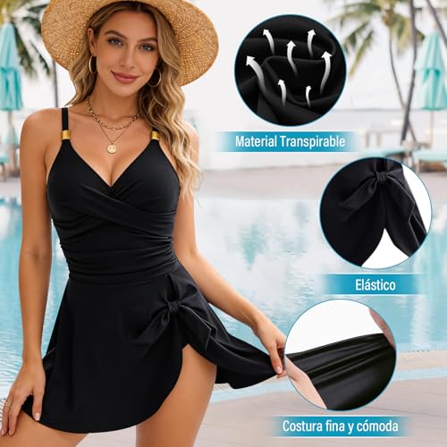 GALASALA Trajes de Baño Mujer, Trajes de Baño Mujer Natacion Sexy y Ajustado, Traje de Baño Completo Mujer con Falda Elegante, Traje de Baño Mujer con Control Abdominal Ideal para Playa Piscina Surf