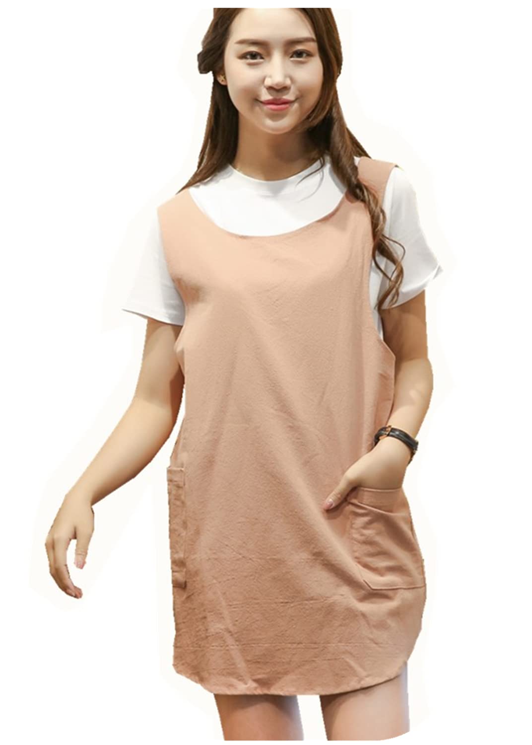 Soft Cotton Linen Apron Solid Color Halter Cross Bandage Aprons Japanese Style X Shape Double Pockets Round Skirt Kitchen Cooking Clothes Chef Summer Fit