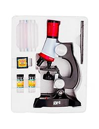 AMSCOPE KIDS, microscopio con LED para estudiantes o principiantes, aumento de 100X 400X 1200X, incluye juego de accesorios y caja, color rojo