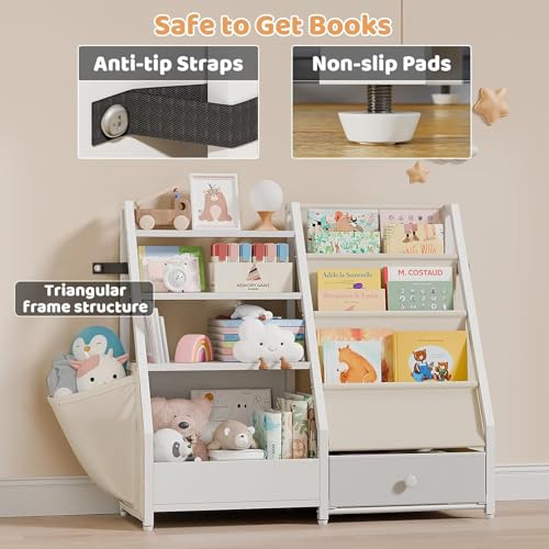 4 Tier Kids Bookshelf - Toddler Book Display Shelves, Children Bookcase Organizer for Kids Room, Classrooms, Nursery, Bedroom, White, 85 * 30 * 75Cm