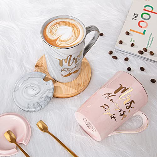 Mr Right and Mrs Always Right Couples Mug Sets for Wedding Gifts, Engagement Gifts, Bride to be, Bridal Shower, Bride and Groom, 14oz Ceramic Marble Cup with Gold Pattern, Microwave Dishwasher Safe