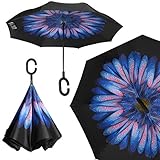 Inverted Umbrella with Reverse Folding Self Standing Design, Large 8 Panel Double Layer Windproof, UV Protection, Hands Free C-Hook Handle, Drip Free Travel Sized (Blue Flowers)