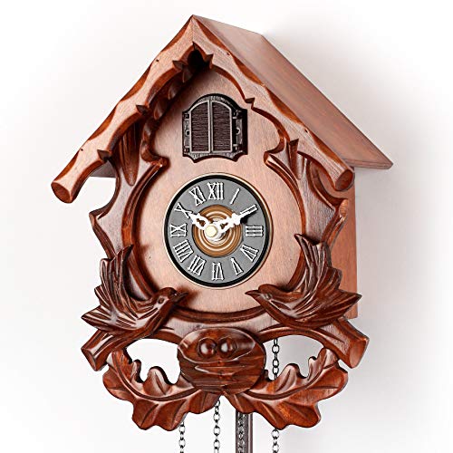 Polaris Clocks Cuckoo Wall Clock with Night Mode, Singing Bird and Carved Wood Decorations (Cherry)