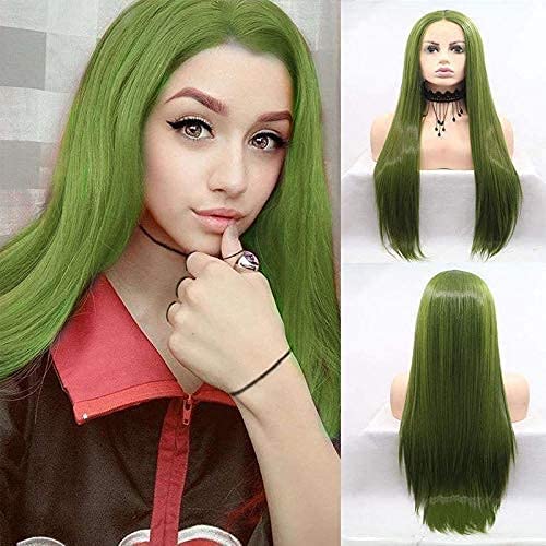 Olive Green Lace Front Wigs for Women Natural Looking Silky Straight Dark Green Wig Heat Resistant Synthetic Hair Middle Part Half Hand Tied Lace Wig 24 Inches