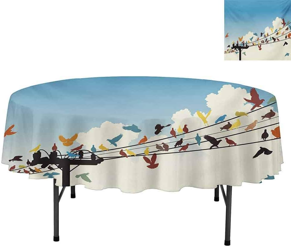 Round Polyester Table Cloth, Animal Theme Silhouettes of Colorful Birds Roosting on T, Table Cloth for Dining Room Party Outdoor Picnic, Round 36", Multicolor