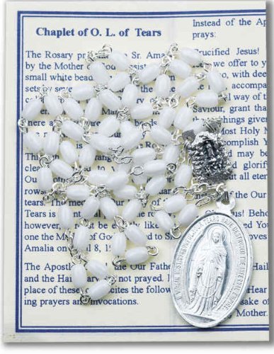 Our Lady of Tears Deluxe Chaplet with White Oval Beads Packaged with a Laminated Holy Card & Instruction Pamphlet (Overall 6.5â€ X 3.5â€)