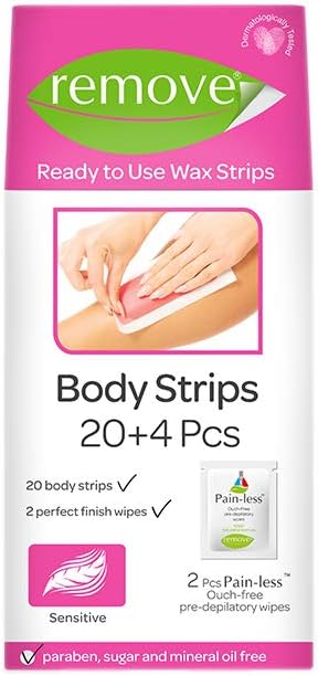 Wax Strips Hair Removal Wax Strip for Bikini Body Face Sensitive Skin | 24pc Ready to Use Strips | Includes 2 Perfect Finish Wipes| Natural Ingredients