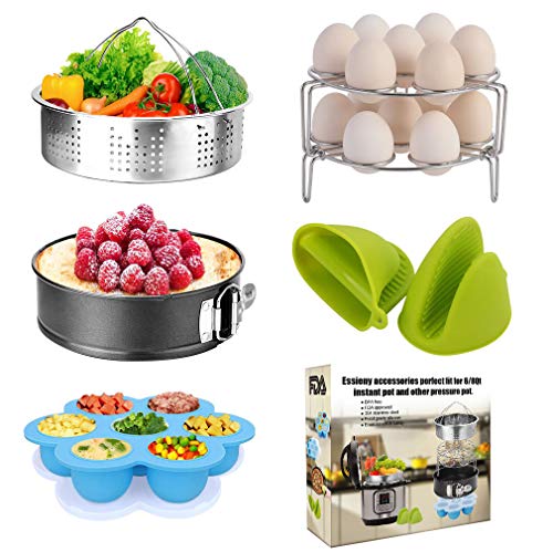 Pressure Cooker Accessories Set with Springform Pan, Vegetable Steamer Basket, Egg Rack, Egg Bites Mold, Silicone Cooking Mitts Compatible with Instant Pot 6/8 Qt