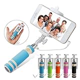 NEW Foldable Super Mini Wired Selfie Stick Handheld Extendable Monopod -Built in Bluetooth Shutter Non-slip Handle Compatible with iphone 4s, 5s, 6, 6 Plus, Samsung Galaxy S3, S4, S5, S6, Note 2, 3, 4, 5, Nexus 5, 6, HTC One (Blue)