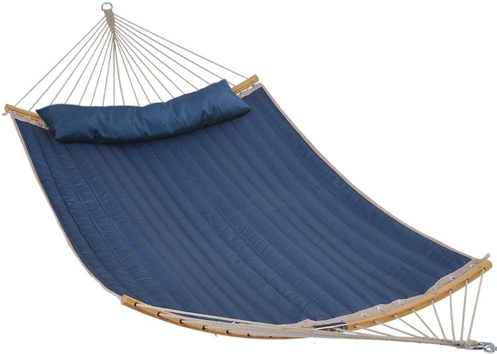 Patio Watcher 11 Feet Quilted Fabric Hammock with Curved-Bar Bamboo and Detachable Pillow, Double Hammock Perfect for Patio Yard Dark Blue : Garden & Outdoor