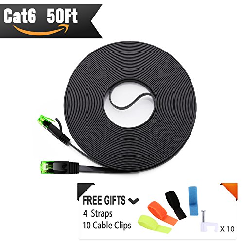 Cat 6 Ethernet Cable 50 ft ( Green Connector for Cable Identification ) Flat Internet Network Cable - Cat6 Ethernet Patch Cable Short - Black Cat6 Computer Cable + Free Cable Clips and Straps