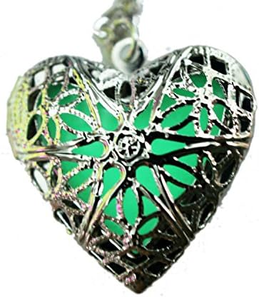 Joli Joly Glow in the Dark Heart Pendant Frozen Fairy Magical Silver Locket Steampunk + Lobster Clap Necklace Green