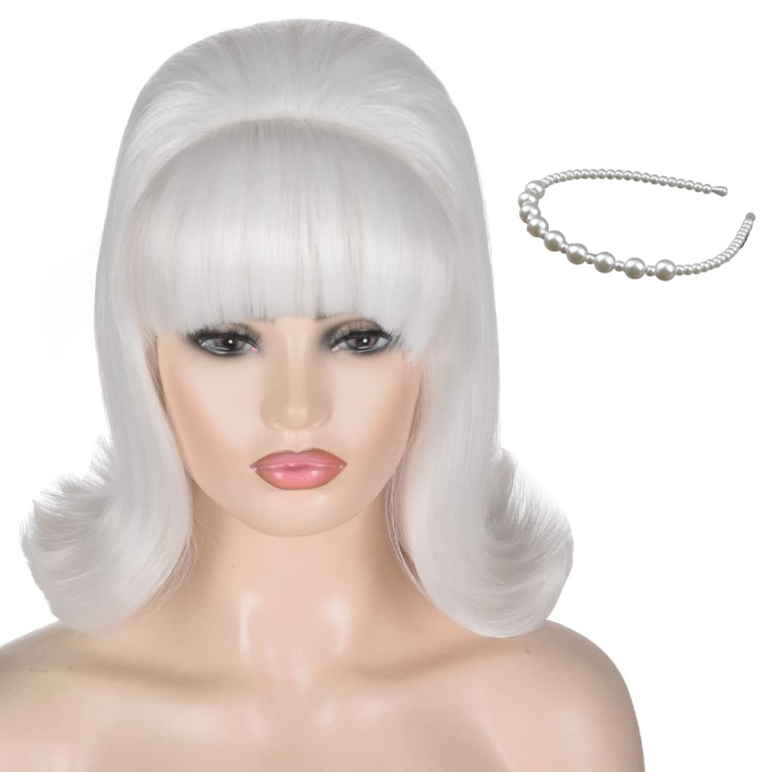 ATAYOU Vintage White Bouffant Beehive Wig with Pearl Headband, 60s Retro Halloween Cosplay Wig with Bang