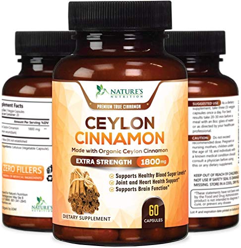 True Organic Ceylon Cinnamon Highest Potency Standardized 1800mg - Organic Ceylon Cinnamon Pills - Blood Sugar Levels Support Supplement, Vegan Anti-Inflammatory for Joint Pain Relief - 60 Capsules