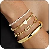 4Pcs Gold Bracelets for Women 14K Gold Plated Bracelet Bangle Stack, Dainty Initial Bracelet Set, Non Tarnish Tennis/Beaded/Paperclip Chain Stackable Bracelets Jewelry Gifts for Women