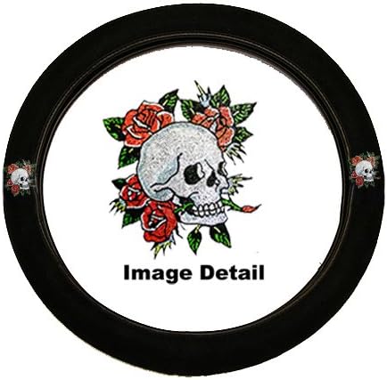 White Happy Skull w/ Red Roses Gem Crystal Studded Rhinestone Bling Car Truck SUV Steering Wheel Cover