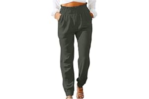 TAPANET Pants for Women Casual Cotton Linen Pants Drawstring Elastic Waist Pants Soft Trousers with Pockets Straight Leg Pant
