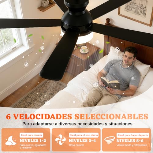 Ventilador de Techo con Luz de 42 Inch/107cm, Montaje Empotrado con Control Remoto, Silencioso de 5 Aspas, 3cct+6 Velocidades, Motor Reversible, Negro