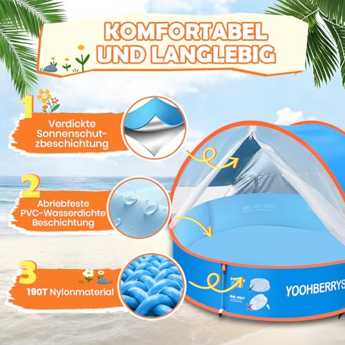 YOOHBERRYS 4-in-1 Pop Up Baby Paddling Pool, Beach Shelter Baby with UV Protection SPF 50+, Beach Tent Babies with Mosquito Net, Portable Play Tent, Ball Pit for Picnic, Garden, Beach
