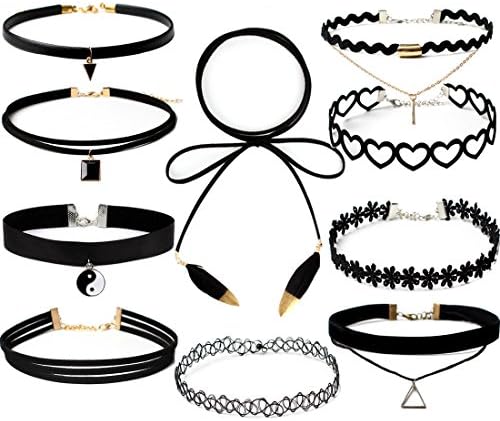 10 PCS Black Choker Necklaces Set Womens Velvet Choker Set Classic with Lace Tattoo Charm Girls Stretch Necklace (Pack of 10)