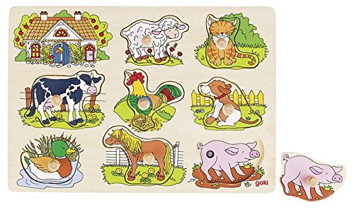 goki 57895 – Steckpuzzle Sound Bauernhof, mit Tierstimmen - 8 Teile - aus Holz