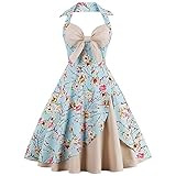 CharMma Women's Vintage Halter Rockabilly Swing Floral Print Tea Cocktail Dress (Medium, Apricot)