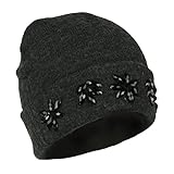 Cute Bling Beanie Hat, Double Layer Cap w/ Cuff, Vintage Flower Jewels